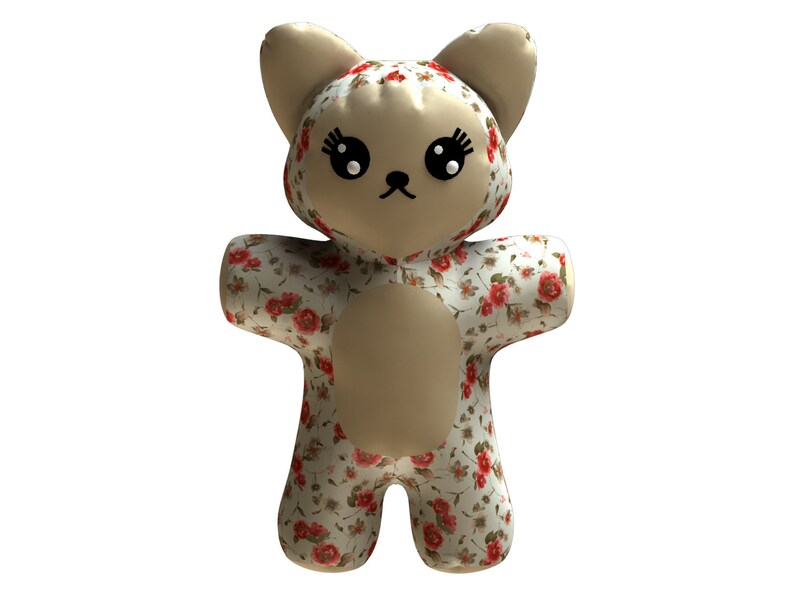 May include: A plush toy shaped like a cat with a floral pattern. The toy is beige with red and white flowers. The cat has black eyes and eyelashes.