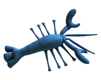 May include: A blue denim lobster plush toy with long, thin legs and a curled tail.