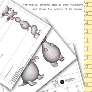 May include: A set of sewing patterns for a stuffed toy dinosaur. The patterns include instructions and illustrations for sewing the different parts of the dinosaur, including the head, body, legs, and tail. The patterns are printed on white paper with red lines indicating the seams.