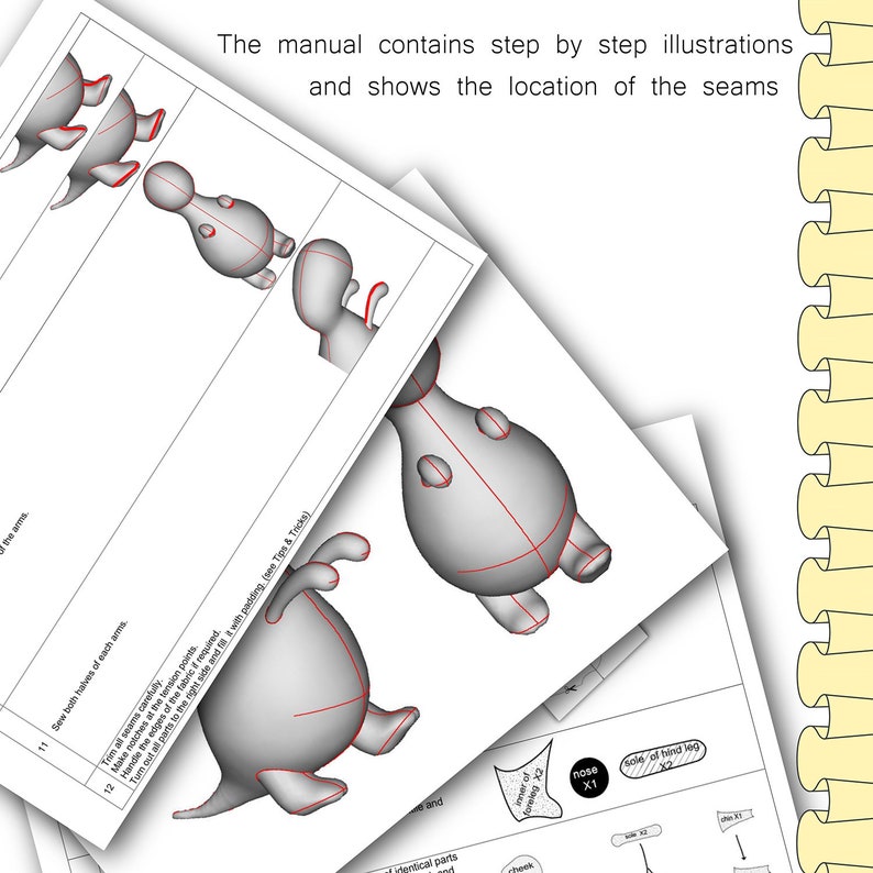May include: A set of sewing patterns for a stuffed toy dinosaur. The patterns include instructions and illustrations for sewing the different parts of the dinosaur, including the head, body, legs, and tail. The patterns are printed on white paper with red lines indicating the seams.