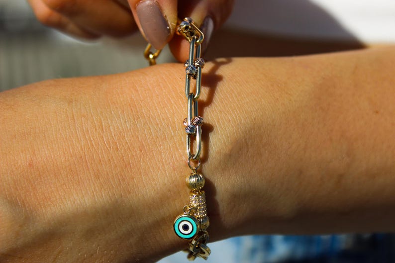 14k Rose Gold Evil Eye Charm Bracelet With Rolo Chain Etsy UK