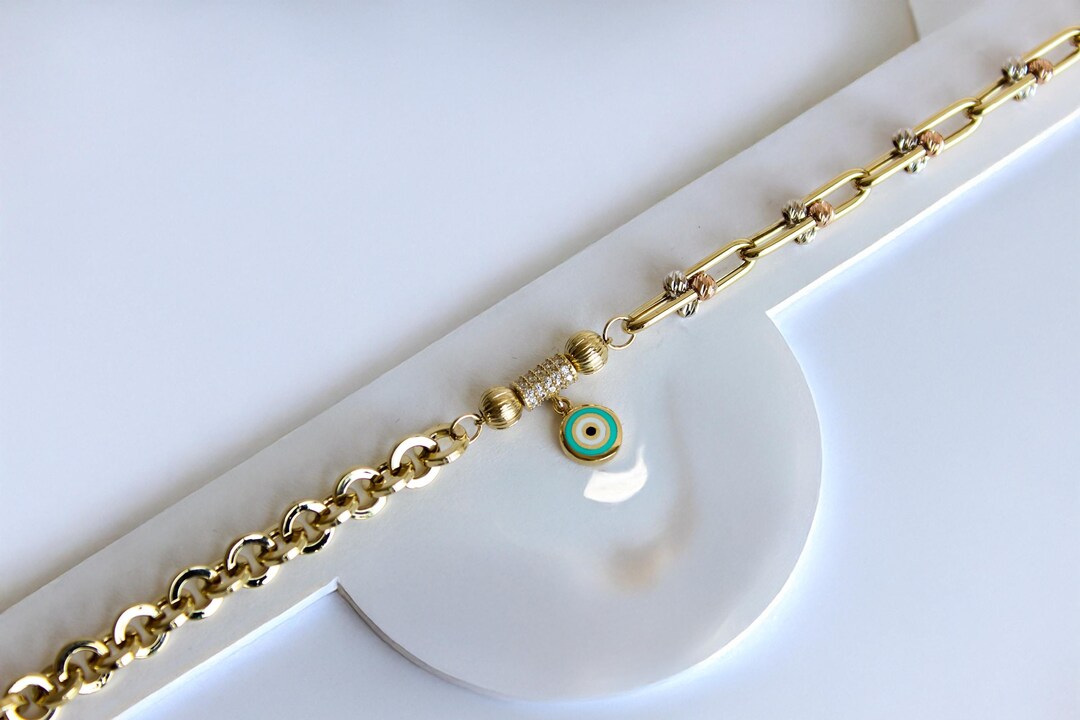 14k Rose Gold Evil Eye Charm Bracelet With Rolo Chain Etsy UK