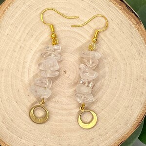 Handmade Light Pink Crystal Rose Quartz Moon Gold Dangle Drop Earrings, Handmade, Hypoallergenic, Gift Wrapped