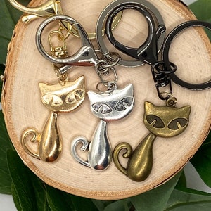 Retro Cat Kitty Keychain Gold Silver Bronze Black Lobster Clasp, Gift Wrapped