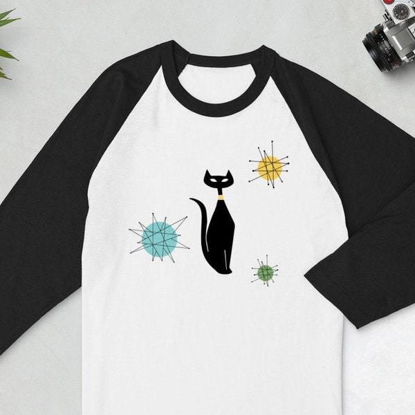 Atomic Black Cat and Starburst Relaxed Top, Tee, T Shirt,  3/4 Sleeve