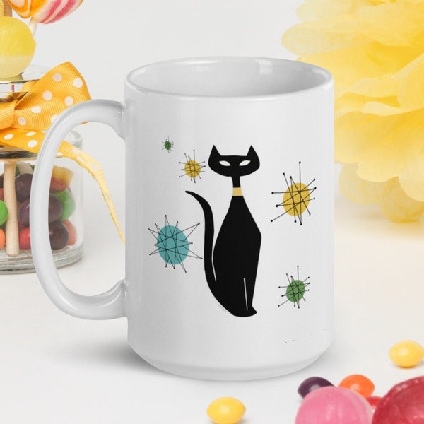 Atomic Black Cat and Starburst Mug, Coffee Cup, Mid Century Modern, MCM Decor, Dishwasher and Microwave Safe