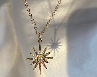 Starburst Sunburst Gold Necklace Charm Pendant Jewelry CZ Gold Filled, Handmade, Gift Wrapped