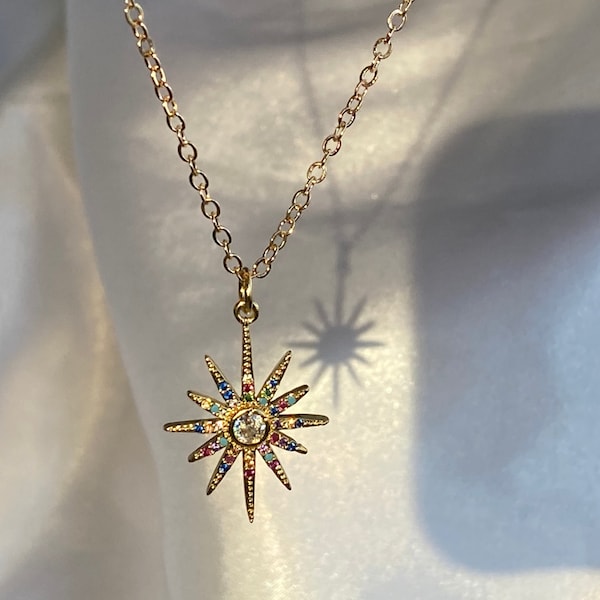 Starburst Sunburst Gold Collar Charm Colgante Joyería CZ Oro Lleno, Hecho a mano, Regalo Envuelto