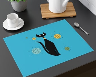 Atomic Black Cat and Starburst Placemats Blue, Table Mat, Table Linen, Mid Century Modern, MCM Decor