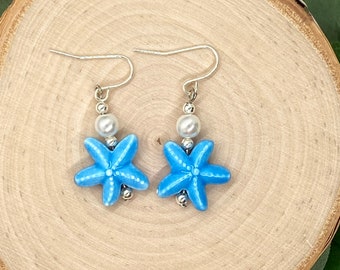 Blue Starfish, Pearl, Silver Handmade Earrings Summer Beach, Handmade, Hypoallergenic, Gift Wrapped