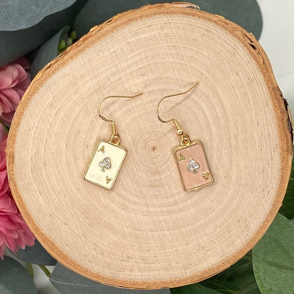 Ace of Clubs Playing Cards Pink White Gold CZ Charm Earrings, Alice in Wonderland  Handmade, Hypoallergenic, Gift Wrapped