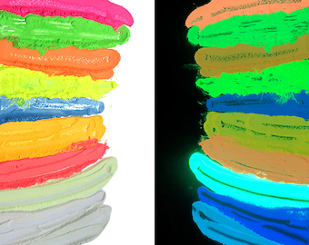 Puede incluir: Un conjunto de 10 pigmentos en polvo que brillan en la oscuridad en varios colores, incluyendo rosa, verde, naranja, amarillo, azul y blanco. El polvo se muestra en dos imágenes, una bajo iluminación normal y otra bajo luz negra. El polvo brilla intensamente en la oscuridad.