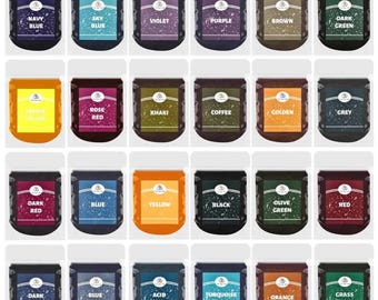 May include: A collection of 24 small jars of paint, each with a different color and name. The colors include navy blue, sky blue, violet, purple, brown, dark green, lemon yellow, rose red, khaki, coffee, golden, grey, dark red, blue, yellow, black, olive green, red, dark blue, blue grey, acid blue, turquoise blue, orange, and grass green.