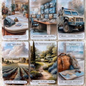 May include: Six rectangular cards featuring illustrations of various professions. Card 19 shows a hotel lobby, 20 a security room, 21 a military vehicle, 22 a lavender field, 23 a garden path, and 24 a suitcase with travel items. Each card includes a title and labels.