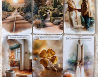Può includere: Sei carte oracolo rettangolari disposte su due file. Le carte presentano illustrazioni di una strada al tramonto, un labirinto da giardino, due persone che si stringono la mano, una stanza in fase di ristrutturazione, un quadrifoglio dorato e un razzo.