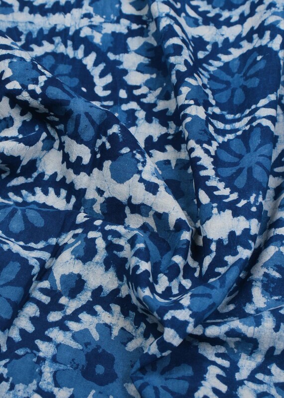 Dabu Printed Pure Cotton Midi Dress in Indigo Blue