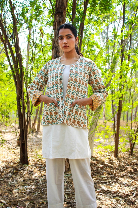 White Color Handmade Floral Jackets Indian Cotton Handmade Winter