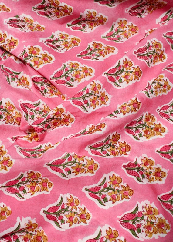Indian Cotton Fabric Block Print Fabric Pink Floral Fabric Etsy