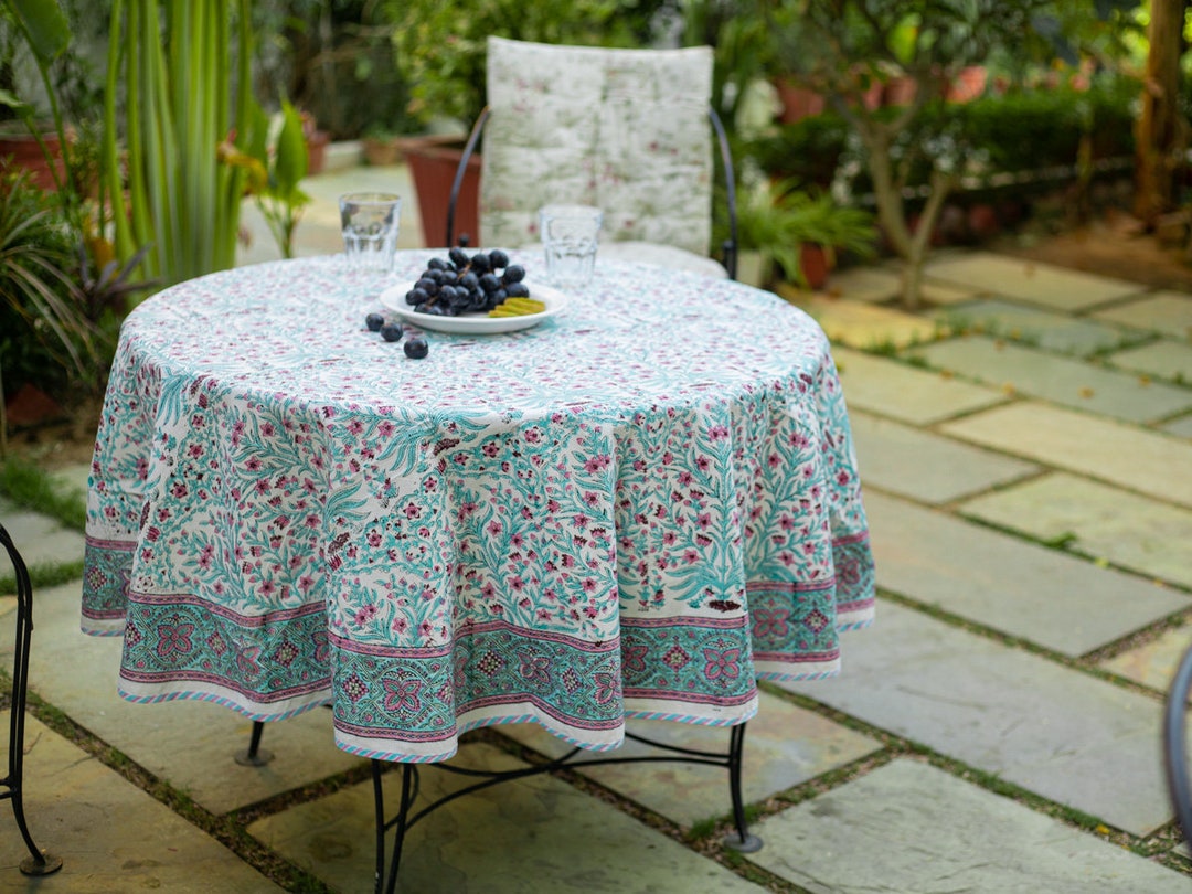 Blue Floral Round Tablecloth, Indian Block Print Round Table Cover ...