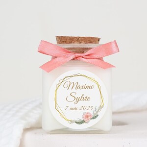 Candele per eventi da 50 g con tappo di sughero, etichetta personalizzata e nastro