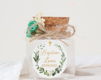 Personalized empty jars with cork - sugared almonds, candies, dried flowers - christening, communion, profession of faith guest gifts
