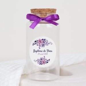 Pots vides XL (bonbons, dragées) avec ruban et étiquette personnalisée cadeaux invités baptême