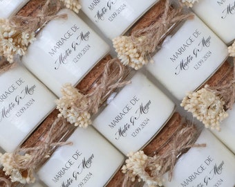 Candela personalizzata con tappo in sughero ed etichetta trasparente matrimonio battesimo anniversario