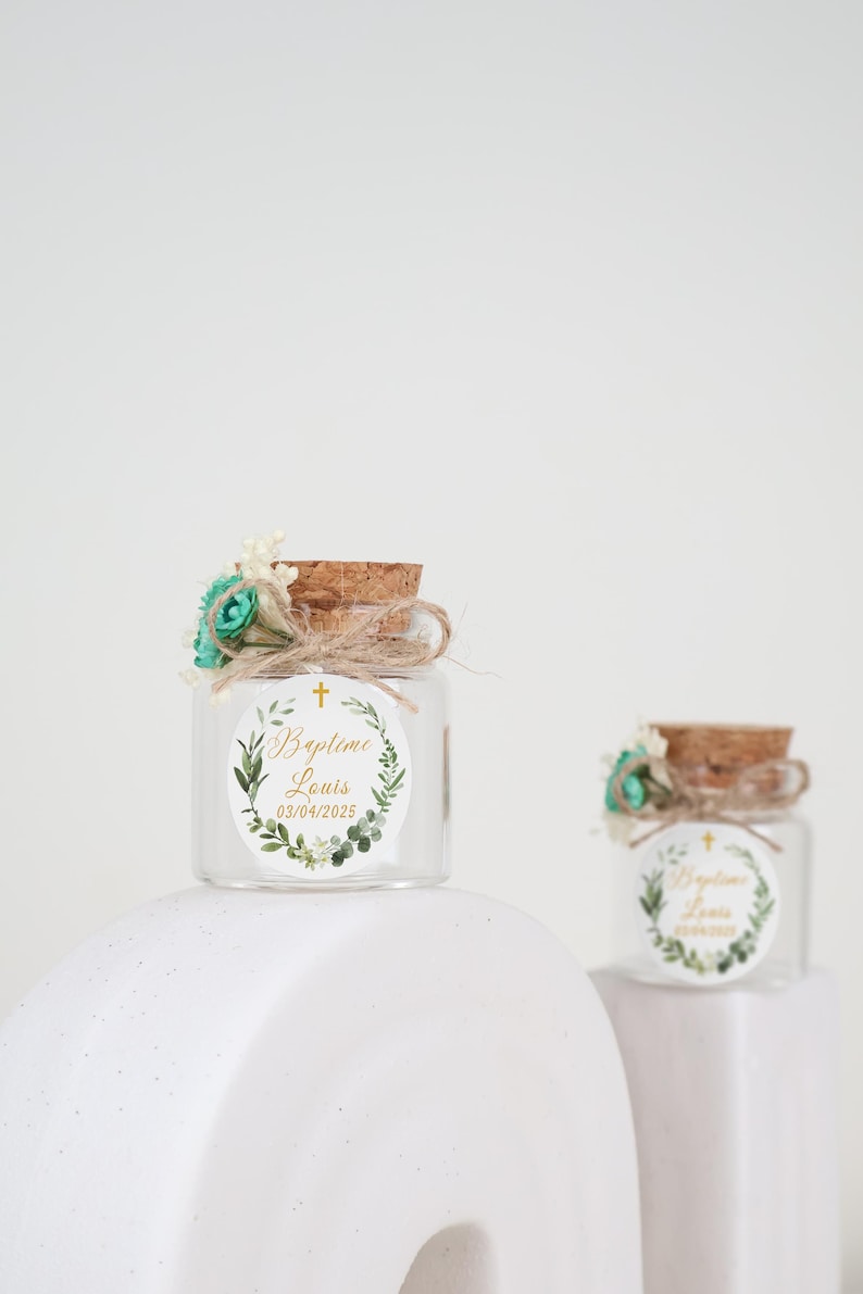 Personalized empty jars with cork - sugared almonds, candies, dried flowers - christening, communion, profession of faith guest gifts image 2