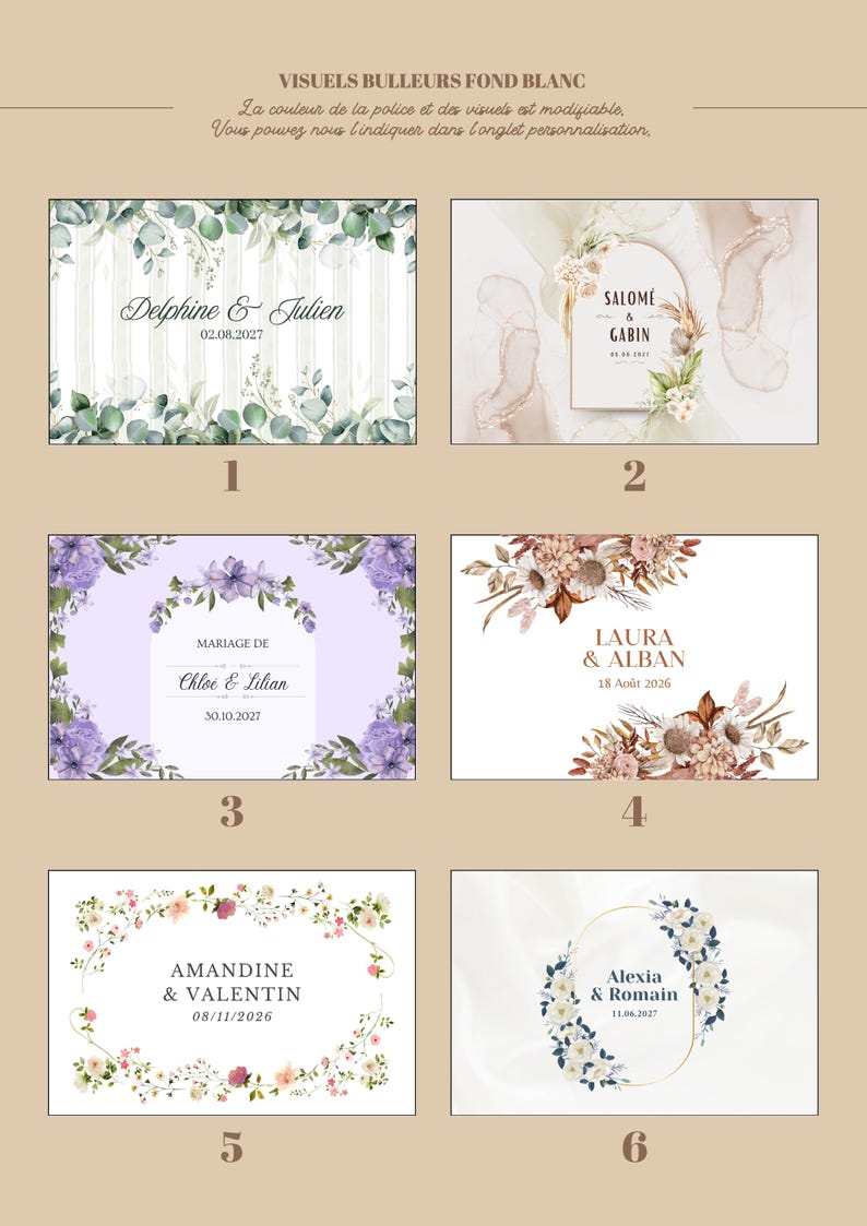 May include: A collection of six rectangular wedding invitation templates featuring various floral designs. Each card displays names and dates in different fonts, surrounded by watercolor illustrations of eucalyptus, wildflowers, and dried botanicals.