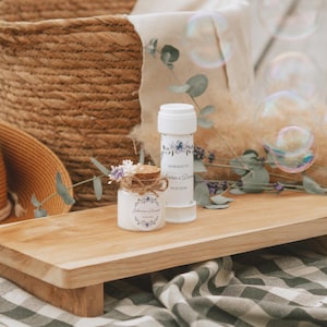 Flacon bulles mariage bohème – design champêtre personnalisé pour sortie de cérémonie
