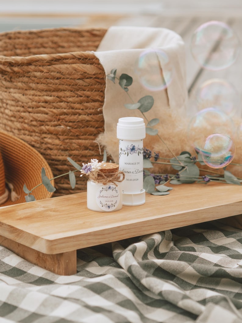 Flacon bulles mariage bohème – design champêtre personnalisé pour sortie de cérémonie