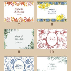 May include: Six rectangular wedding invitation templates labeled 7 through 12. Designs include autumn leaves, lemons with blue tiles, green eucalyptus, red floral sketches, blue botanical patterns, and green foliage, all featuring names and dates.