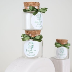 Leeres Glas für Gastgeschenk-Bonbons 50g (10-14 Bonbons) mit Schleife und personalisiertem Etikett