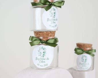 Empty jar for 50g guest favors (10-14 favors) with ribbon and personalized label
