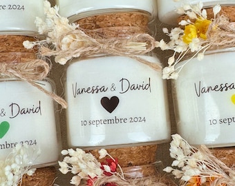 Personalized candle guest gifts birthday, baptism, wedding, with dried flowers with transparent labels