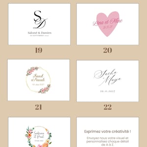 May include: A collection of six rectangular graphic design templates labeled 19 through 24, featuring various wedding-themed monograms, floral wreaths, and heart motifs with customizable names and dates in black and pink ink on white backgrounds.