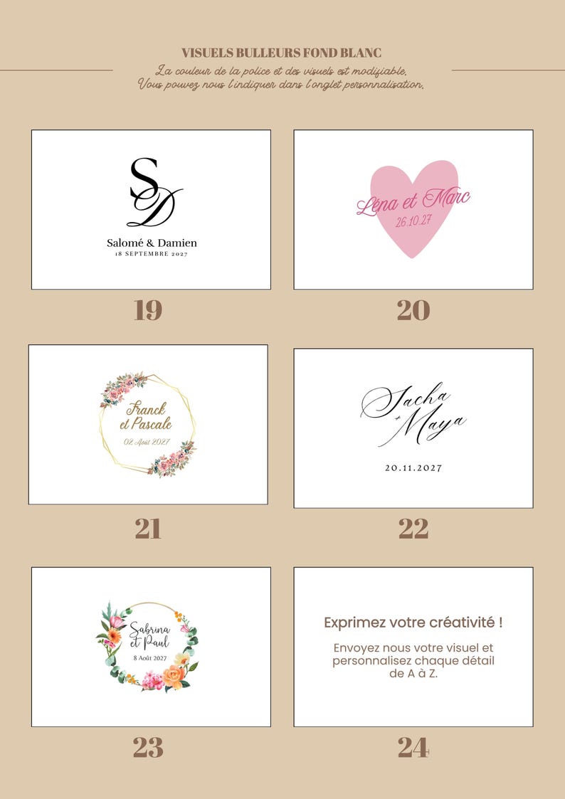 May include: A collection of six rectangular graphic design templates labeled 19 through 24, featuring various wedding-themed monograms, floral wreaths, and heart motifs with customizable names and dates in black and pink ink on white backgrounds.