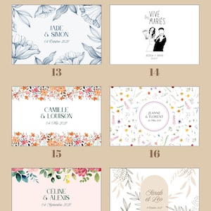 May include: A collection of six rectangular wedding invitation templates featuring various floral and illustrative designs. Each card displays names and dates, including JADE & SIMON, JESSICA & DAVID, CAMILLE & LOUISON, JEANNE & FLORENT, C&Eacute;LINE & ALEXIS, and Sarah et L&eacute;o.