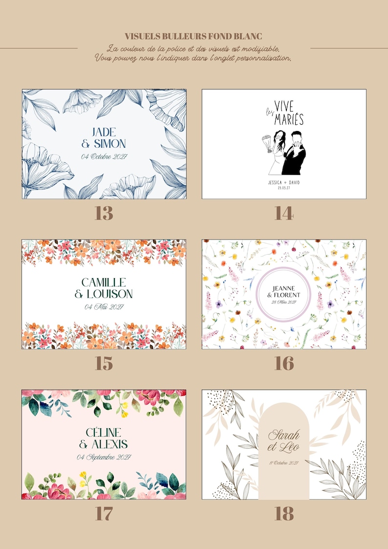 May include: A collection of six rectangular wedding invitation templates featuring various floral and illustrative designs. Each card displays names and dates, including JADE & SIMON, JESSICA & DAVID, CAMILLE & LOUISON, JEANNE & FLORENT, C&Eacute;LINE & ALEXIS, and Sarah et L&eacute;o.