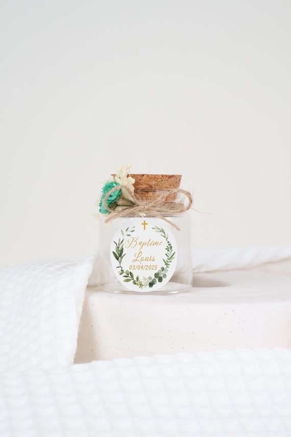 Pots vides personnalisés avec bouchon liège – dragées, bonbons, fleurs séchées – cadeaux invités baptême, communion, profession de foi