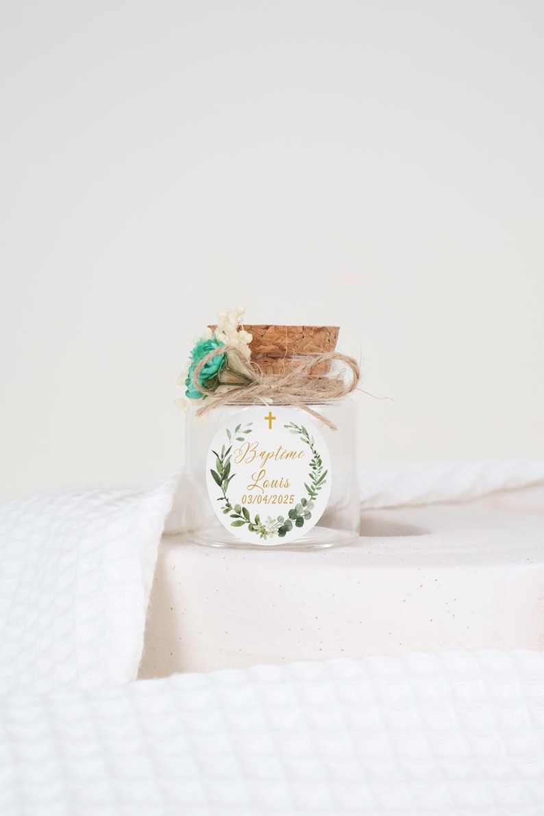Personalized empty jars with cork - sugared almonds, candies, dried flowers - christening, communion, profession of faith guest gifts image 1