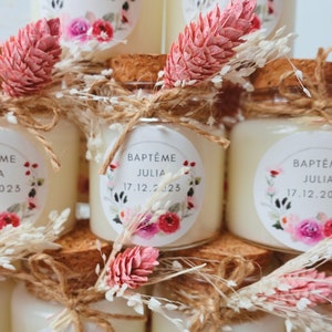 Personalized candle gifts for guests, birthdays, baptisms, weddings, with dried flowers