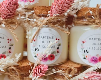 Bougie personnalisée cadeaux invités anniversaire, baptême, mariage,  avec fleurs séchées
