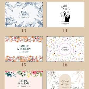 May include: A collection of six rectangular wedding invitation templates featuring various floral and illustrative designs. Each card displays names and dates, including JADE & SIMON, JESSICA & DAVID, CAMILLE & LOUISON, JEANNE & FLORENT, C&Eacute;LINE & ALEXIS, and Sarah et L&eacute;o.
