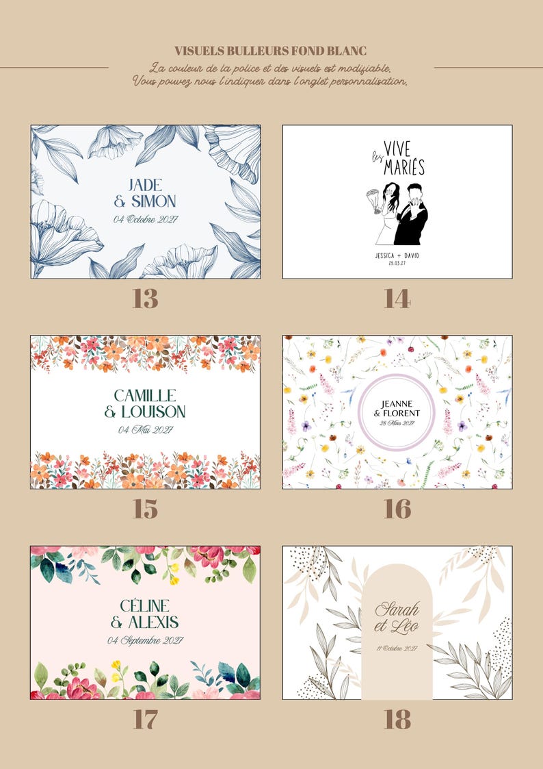 May include: A collection of six rectangular wedding invitation templates featuring various floral and illustrative designs. Each card displays names and dates, including JADE & SIMON, JESSICA & DAVID, CAMILLE & LOUISON, JEANNE & FLORENT, C&Eacute;LINE & ALEXIS, and Sarah et L&eacute;o.