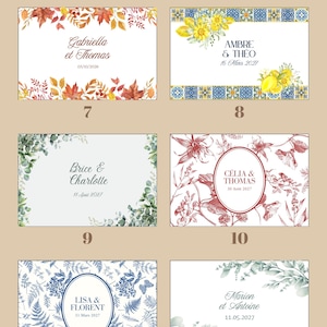 May include: Six rectangular wedding invitation templates labeled 7 through 12. Designs include autumn leaves, lemons with blue tiles, green eucalyptus, red floral sketches, blue botanical patterns, and green foliage, all featuring names and dates.
