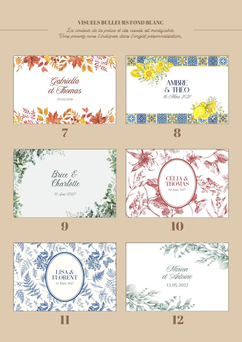 May include: Six rectangular wedding invitation templates labeled 7 through 12. Designs include autumn leaves, lemons with blue tiles, green eucalyptus, red floral sketches, blue botanical patterns, and green foliage, all featuring names and dates.