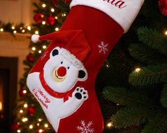 Calze Di Natale Personalizzate 45 Cm Rosse Con Ricamo Nome - Redwhite Calza Per Camino Con Motivi Cervo, Fiocco Di Neve, Albero