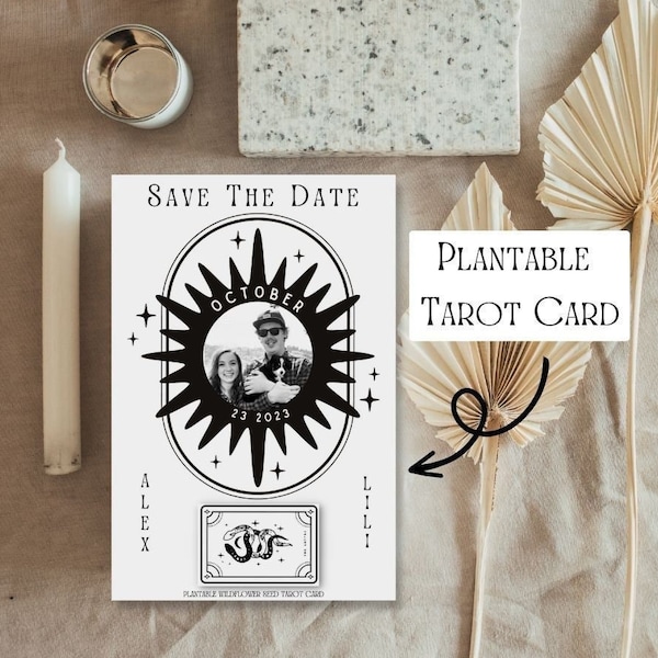 Custom Save The Dates - Party - Wedding - Halloween - Tarot - Witchy - Birthday - Seed Card - Plantable - Moon Phase - Celestial Tarot Card