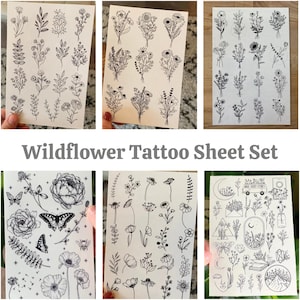 Wildflower Tattoo Sheet Set (6) | Flower Bouquet Tattoos | Flower Tattoos | Festival Tattoos | Ethereal Tattoos | Fake Tattoos | Boho Gifts